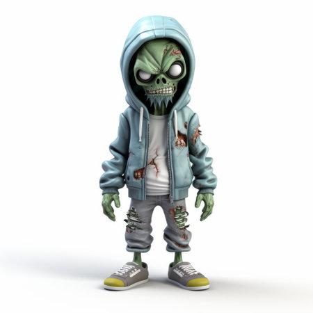 a zombie wearing a hoodie is depicted on a white background in this captivating illustration by john wilhelm. the artwork showcases a unique blend of light green and navy colors, creating a visually striking composition. with its hard surface modeling, the charming character illustration brings together elements of street fashion and action-packed cartoons, resulting in an interactive and engaging visual experience. ai generatedの素材