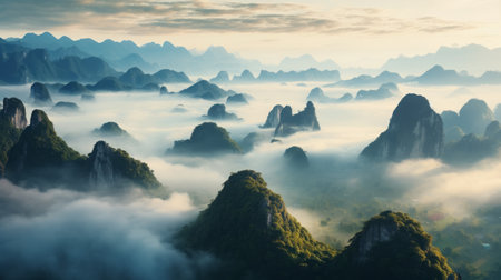 a stunning ultra high-resolution photograph captures the breathtaking beauty of a karst formation at sunrise. the majestic mountains are adorned with clouds, while ethereal godrays pierce through the morning mist, creating a truly magical and epic atmosphere. this captivating image was skillfully captured using a wide-angle lens on a hasselblad camera. ai generatedの素材