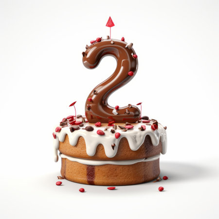 a cake adorned with colorful icing, frosting, and candles featuring a number two. the cake design draws inspiration from the artistic styles of oliver wetter, pierre pellegrini, and patrick brown, showcasing playful typography and a two-dimensional aesthetic. this delightful creation captures the essence of scoutcore and 2d art. ai generatedの素材