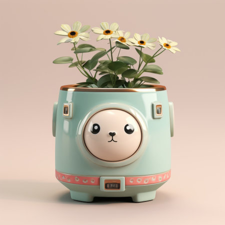 a wooden figurine planter in a cute little space, featuring cartoonish characters. the 8k 3d style, soft colors, and solarization effect add a unique touch to this charming piece. captured with a hasselblad 1600f, the teal and white color scheme enhances the overall aesthetic. ai generatedの素材