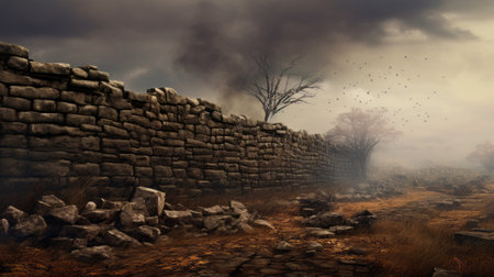 stone wall with eerie landscape background, showcasing photobashing technique. depicting rural life with dusty piles, the tenebrism-inspired composition adds a touch of surreal theatrics. this national geographic photo captures the mystique of the scene. ai generatedの素材