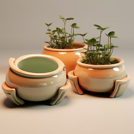 three pots with plants are placed on a white surface, showcasing a hard surface modeling style. the image features a humorous and streamlined design, with luminous colors such as light orange, light green, and beige. the overall aesthetic is reminiscent of romanesque art. ai generatedの素材