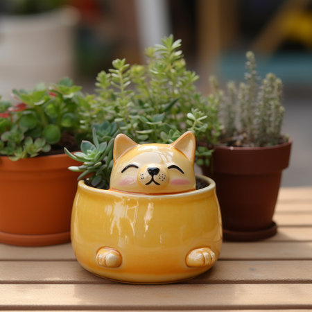 green planter with cat on wooden countertop, featuring a vibrant color palette of dark yellow and light pink. the photo is solarized and employs a soft-focus technique, capturing the cat's lively facial expressions. shot with a minolta srt-101, the image showcases a blend of light indigo and light amber tones, reminiscent of the cloisonnism art style. ai generatedの素材