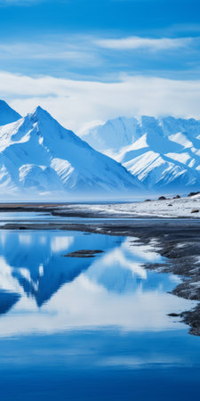 a mesmerizing photo of a lagoon in iceland, surrounded by the majestic hjeltefjorden road leading to the snowy peaks of saser kangri and kangchenjunga mountains. the image features a crescent moon shining brightly in the sky, while a cozy fireplace adds warmth to the scene. captured in the style of animated gifs, this photo showcases minimalist typography and a symmetrical arrangement. the silver-haired subject exudesの素材