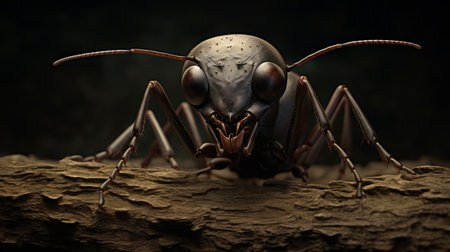 a captivating documentary photo featuring a very large ant perched on a log amidst dark trees. the photorealistic portrait showcases the ant's strong facial expression, while the use of liquid metal in the artwork adds a touch of precisionist art style. ai generatedの素材