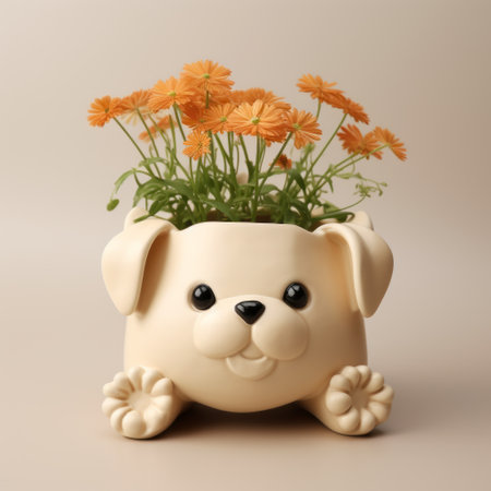 a cartoon dog pot with small flowers, featuring realistic and hyper-detailed renderings. the pot is light white and light orange in color, creating a visually appealing contrast. this uhd image showcases the oshare kei style, with symmetrical and toy-like proportions. perfect for adding a touch of whimsy to any space. ai generatedの素材