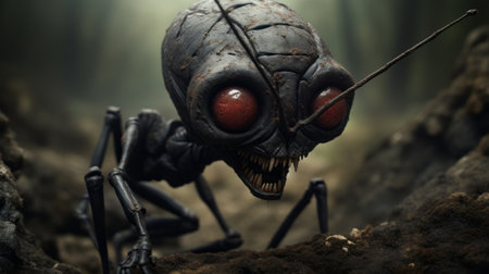 a red insect with a black eye is captured in the woods, showcasing intricate details and vibrant colors. this photograph, created in the style of zbrush, portrays a post-apocalyptic world with its playful character design. the 32k uhd resolution enhances the photographically detailed portraitures, while the lowbrow art aesthetic adds a unique touch. the skeletal features of the insect add an intriguing element to theの素材
