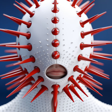 elizabeth is seen in this photo wearing a white bodysuit with spikes on her head. the image is rendered in cinema4d, with a color palette of red and indigo. the spikes give a sharp and prickly appearance, while the macro perspectives highlight the intricate details. the bodysuit is made of rubber, showcasing a unique bombacore style. overall, the photo exudes a sense of digital minimalism.の素材