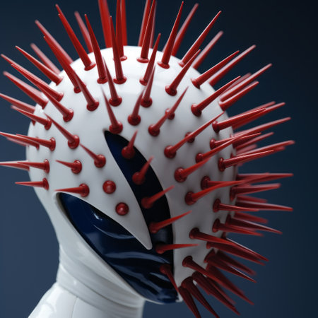 a sculpture showcasing the artistry of atomic metal spikes, resembling aggressive digital illustrations. this striking piece features a combination of light navy and red hues, with meticulously crafted facial features. created using vray and made of plastic, this sculpture embodies a unique style known as duckcore, characterized by its sharp and prickly appearance. ai generatedの素材