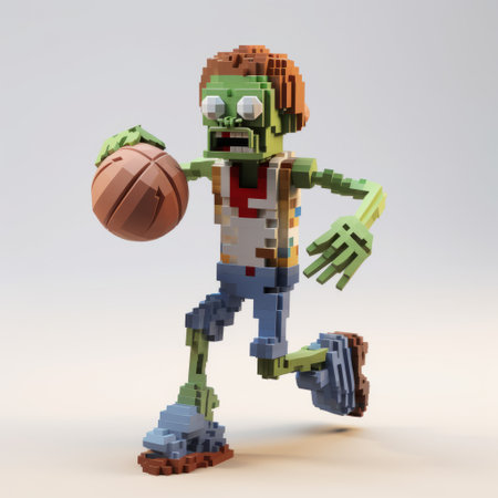 a lego zombie basketball player is depicted in this photorealistic rendering. the character is shown in a full body pose, with playful compositions and a raw aesthetic. the image has a sparse and simple style reminiscent of late 19th-century art. this high-resolution uhd image captures the essence of the lego zombie basketball theme. ai generatedの素材