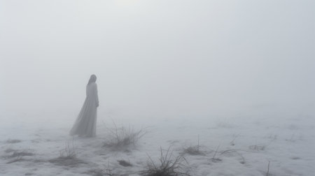 a figure stands in a snowy field, creating an ethereal horror atmosphere. the haunting imagery is enhanced by the hazy landscapes and the light white and gray tones. the cinematic stills capture the haunting beauty of the scene, reminiscent of ethereal seascapes. ai generatedの素材