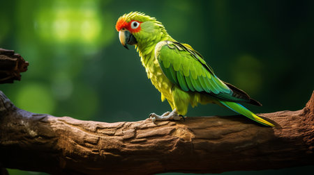 a photo of two parrots in their natural habitat, showcasing their vibrant colors and intricate feather patterns. this high-resolution image captures the beauty of these avian creatures with a painterly quality. the combination of light green and dark bronze feathers, along with touches of red, creates a visually stunning composition. taken with a nikon d850 camera, this photo showcases photo-realistic techniques and is reminiscent ofの素材