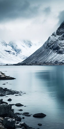 a stunning photo of a fjord in iceland, showcasing the saltenfjorden road leading towards the majestic mount everest. the image captures the beauty of the manor surrounded by snowy trees and mountains. with a touch of animated gifs, minimalist typography, and a hint of the grand budapest hotel-esque style, this photo exudes a symmetrical arrangement and gothic revival grandeur. a perfect blend of nature andの素材