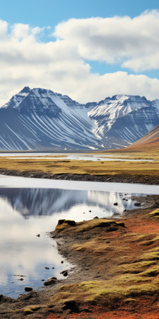 an animated gif-style photo featuring an oasis in iceland, with the sognefjord road leading to the majestic saser kangri mountain. the snowy peaks of the whitney mountain range add to the serene beauty of the scene. captured with the tamron 28mm f/2.8 di iii osd m1:2 lens, the minimalist typography complements the image, evoking a sense of the life aquatic with steve zissou-esque aesthetics. theの素材