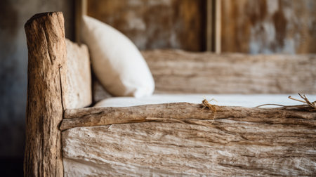 a wooden bed crafted from a large log, sanded to perfection, exuding a soft focus romanticism. captured on fujifilm pro 400h, this photograph showcases the bed's intricate details in both long and deep distances. the close-up shot highlights its zen-inspired design, resembling tangled nests, while also exuding a touch of nautical charm. ai generatedの素材