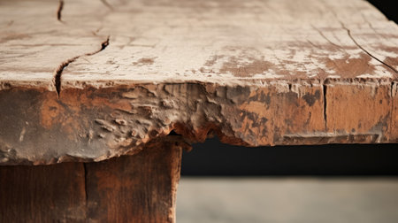 a close-up photo of a vintage wooden piece, painted with reclaimed pallet paint, reminiscent of valentin de boulogne's style. the piece has rough edges and a lively tableau, similar to the works of antanas sutkus and berndnaut smilde. the photo has a low depth of field, highlighting the intricate details of the wooden piece. ai generatedの素材