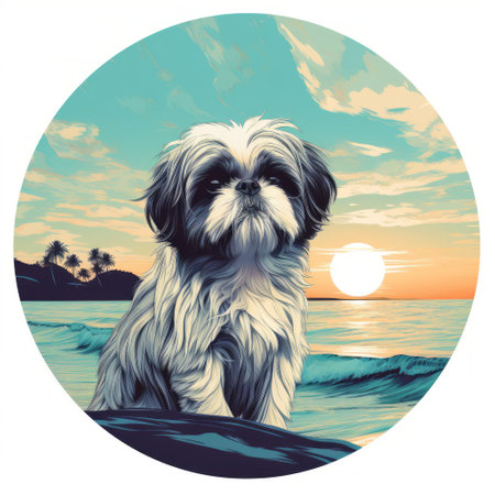 a dog at sunset painting captures the essence of vintage poster design with its tropical landscapes and circular shapes. the highly realistic artwork showcases a mesmerizing blend of dark white and light blue hues. the detailed character design is reminiscent of a persian miniature, adding a touch of elegance to this captivating piece. ai generatedの素材