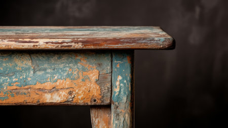 old weathered bench surface in green and blue hues stands out against a dark background. the artistic style of light indigo and orange, reminiscent of stephen shortridge and dorothea lange, showcases antique influences. meticulous attention to detail, similar to vilhelm hammershoi's work, is evident in this photograph with selective focus. ai generatedの素材