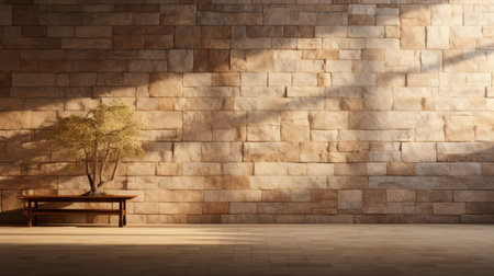 a stone wall background with a play of light and shadow, resembling a scene rendered in unreal engine. the wall has a light beige and light amber color palette, reminiscent of japanese-style landscapes. the image showcases 32k uhd resolution, highlighting the intricate details of the khmer art-inspired texture-rich surfaces. the overall ambiance exudes a serene and peaceful atmosphere. ai generatedの素材