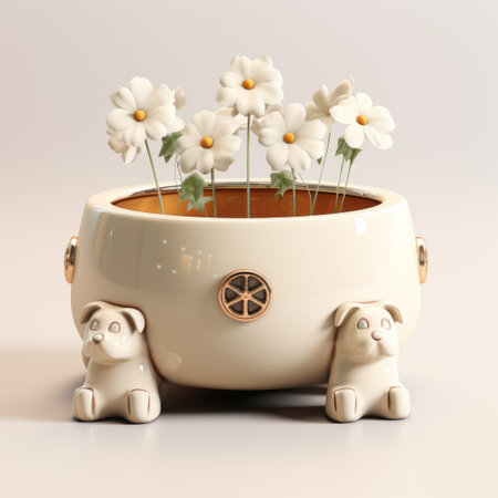 a white dog-shaped planter, made of ceramic, sits gracefully beside small yellow flowers. this unique planter, created in the style of daz3d, showcases intricate details and a majestic presence. the beige color adds a touch of elegance, while vray tracing enhances its lifelike appearance. inspired by emotive faces and captured with a konica auto s3, this photo captures the beauty of nature and artistry combined.の素材