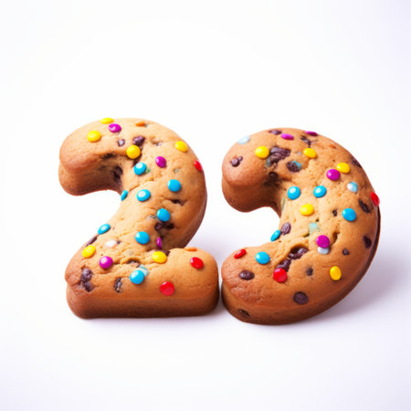 a cookie with the number twenty is creatively decorated using a vibrant color palette and a surrealistic touch. the multiple filter effect adds a unique dotted pattern to the design. with an iso of 200, this visually appealing cookie stands out against a clean white background. ai generatedの素材