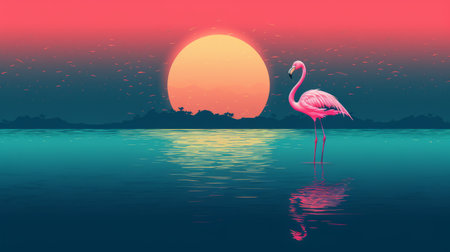 a vibrant pixel-art depiction of a flamingo gracefully standing in water, with a stunning sunset as its backdrop. the artwork showcases flat chromatic fields in dark aquamarine and red, creating a visually striking contrast. the lush landscape background adds depth to the hyper-detailed image, while the vibrant color gradients bring the artwork to life. this stunning piece is presented in 8k resolution, ensuring every intricateの素材