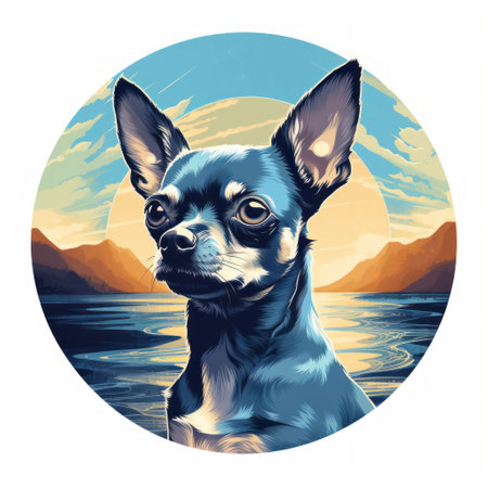 a dog portrait captured on a round canvas, featuring a serene seascape and sky-inspired style. the composition combines elements of cartoons and realism, with a touch of chiaroscuro and subtle gradients. influenced by the works of oleg shuplyak, this artwork is created using screen printing techniques, showcasing a beautiful blend of light blue and navy tones. ai generatedの素材