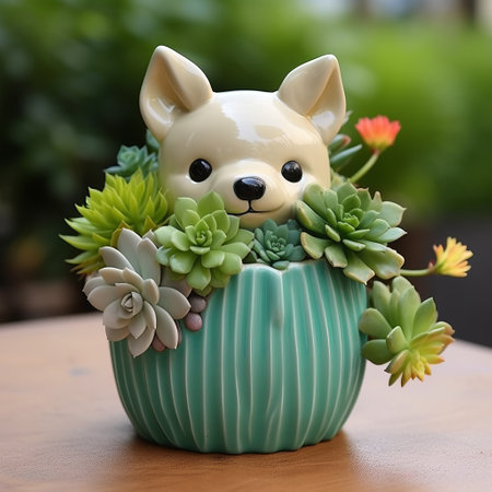a mini chihuahua pot for succulents, in a playful arrangement style, featuring cartoonish features. the pot is white with green accents, designed by dao trong le. the photo, taken with a nikon d750, captures the pot's light amber and sky-blue colors. the chihuahua pot has a strong facial expression and is adorned with dark green and light beige details. ai generatedの素材