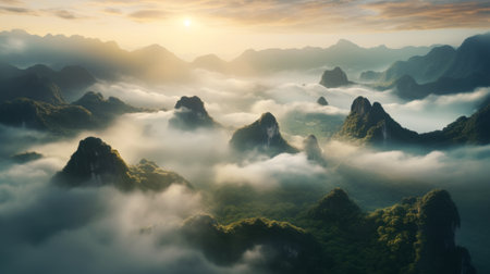 a stunning ultra high-resolution photograph captures the breathtaking beauty of a karst landscape at sunrise. the majestic mountains are adorned with clouds, creating a mesmerizing scene. the morning mist adds an ethereal touch, with godrays casting a magical and epic atmosphere. this captivating image was skillfully captured using a wide-angle lens on a hasselblad camera. ai generatedの素材