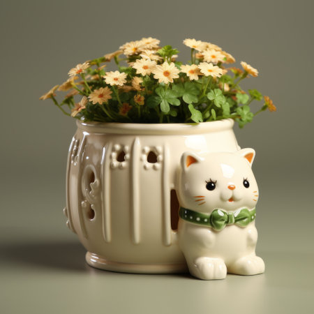 a vase filled with flowers arranged by cats and flowers, showcasing a retro charm with a touch of japanese influence. the vibrant green and beige hues add to its unique appeal. created in the highly detailed style of vray, this artwork embodies the artistic movement of toyism with a kimoicore twist. ai generatedの素材