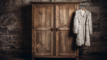 a winter coat, in the style of rustic texture, hangs from a wooden armoire. the dark white coat exudes a 20th-century scandinavian vibe, reminiscent of adventure-themed artifacts of online culture. this bunnycore-inspired piece adds a touch of uniqueness to any winter wardrobe. ai generatedの素材