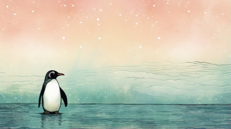 a pencil drawing of a penguin on a piece of paper, featuring richly colored skies and detailed background elements. the soft watercolors create a beautiful effect, while the sparkling water reflections add depth to the artwork. digitally enhanced and created by gene luen yang, this stunning image is available in a high-resolution format of 3840x2160. ai generatedの素材