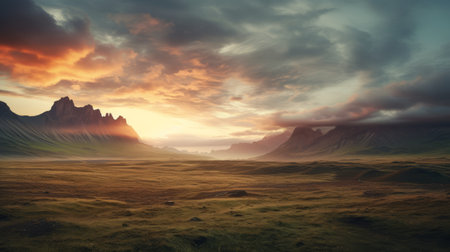 a stunning sunrise over a picturesque plateau, captured in ultra high resolution photography. majestic mountains adorned with clouds, while ethereal godrays pierce through the morning mist. this magical and epic scene is beautifully portrayed with a wide angle lens on a hasselblad camera. ai generatedの素材