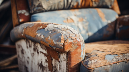 old chairs in need of removal sit in a room, showcasing rich, painterly surfaces. furniture movers in knoxville can help with the task. the close-up image captures the eroded interiors, with a mix of light indigo and brown hues. the use of fabric adds texture, while nature-inspired camouflage blends in. the overall color palette includes light sky-blue and orange tones. ai generatedの素材