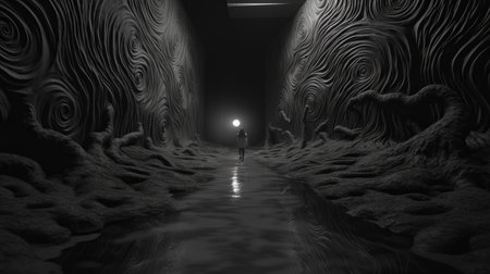 a surreal 3d landscape featuring a dark-colored tunnel with a black and white aesthetic. a captivating light shines from within, creating an emotive atmosphere. the hyper-realistic water and organic textures add depth to this lovecraftian-inspired interactive artwork, rendered in cinema4d. ai generatedの素材