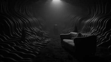 a black and white photo captures a dark room adorned with various uniquely shaped furniture pieces. this surreal 3d landscape, reminiscent of fantastical otherworldly visions, was rendered in cinema4d. the ephemeral installations and organic formations create a soft atmospheric scene, while surreal human figures add an intriguing touch to the composition. ai generatedの素材