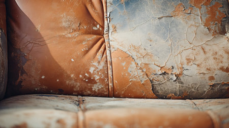a brown couch with wrinkled and paint-covered upholstery, showcasing a cracked and eroded interior. the macro perspective captures the decay and aged appearance of this archaeological-like object. the light sky-blue and light orange hues add to the overall aesthetic. this captivating shot was taken on 70mm film. ai generatedの素材