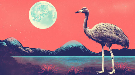 an ostrich stands gracefully against a backdrop of majestic mountains and a full moon. this graphic design-inspired illustration by lorenz hideyoshi showcases a blend of light crimson and light azure hues. the artwork captures the ostrich's realistic hyper-detail, while also incorporating brightly colored birds. this piece revives historic art forms with a grainy texture, creating a visually captivating scene. ai generatedの素材