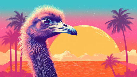 an ostrich stands out in a vibrant pink hue against a backdrop of palm trees. the scene is reminiscent of detailed science fiction illustrations, with a captivating blend of dark amber and sky-blue tones. this 32k uhd image showcases bold and colorful portraits, featuring saturated color fields and captivating, colorful drawings. ai generatedの素材