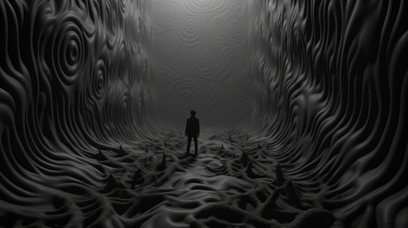 a white figure stands near a black and white tunnel, creating a surreal 3d landscape. this matte photo showcases a psychedelic dreamscape with swirling vortexes and heavily textured elements. the surrealistic narrative is rendered in cinema4d, resulting in a captivating and visually stunning image. ai generatedの素材