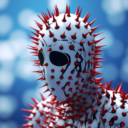 a karen with a spiked headpiece, dressed in a white bodysuit, showcased in a cinema4d rendering. the vibrant colors of red and indigo enhance the sharp and prickly appearance. the macro perspectives highlight the intricate details of the rubber material. this bombacore-inspired creation embodies digital minimalism. ai generatedの素材