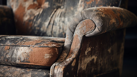a chair with a brown fur-backed seat, showcasing a decayed and luxurious style. the soft focus adds a touch of nostalgia to the image, while the combination of light orange and dark indigo hues creates a baroque-esque ornateness. the mottled and muted colors further enhance the overall aesthetic of the chair. ai generatedの素材