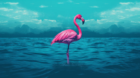 pink flamingo float in water with blue sky overhead, surrealistic elements, dark aquamarine and crimson colors, beeple style, hyper-detailed, palewave aesthetic, pixelated design, strong contrast, and chiaroscuro lighting. ai generatedの素材