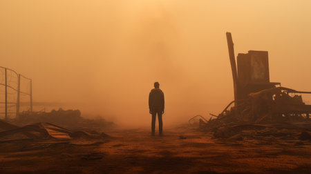 a man stands amidst the ruins of a town, surrounded by an ethereal and otherworldly atmosphere. the photo, captured in the style of roger deakins, features a matte finish with a light orange and amber color palette. the misty and smokey background adds to the high-quality and captivating nature of the image. ai generatedの素材