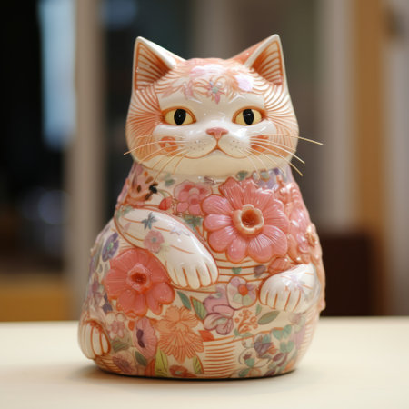 a cat statue adorned with two pink flowers, showcasing traditional japanese motifs and mismatched patterns. this indoor still life photograph captures the meticulous detail of the statue, with a light white and light orange color palette. the image is enhanced through focus stacking, highlighting the oshare kei style. ai generatedの素材