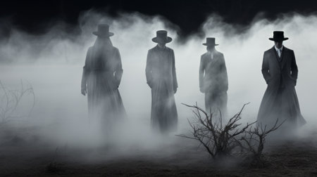 silhouettes of men in long gowns stand in a fog-filled field, creating a haunting and twisted atmosphere. this western-style portrait, reminiscent of kevin hill's work, features monochromatic white figures that add to the eerie ambiance. the image, with a resolution of 3840x2160, captures the essence of cowboy imagery and evokes a sense of mystery. ai generatedの素材