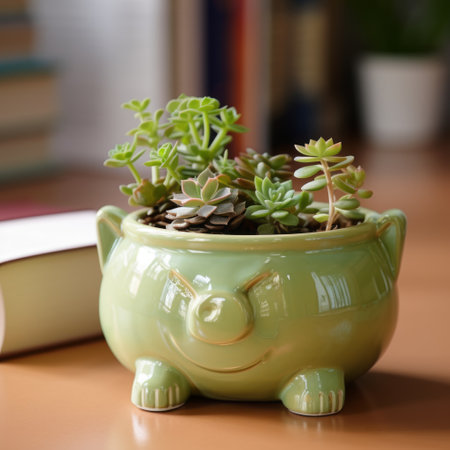 a green ceramic planter, styled in a cartoonish innocence and smilecore aesthetic, is captured in this photo taken with a nikon d750. the planter features animal motifs and is adorned with light violet and light brown accents, exuding a humble charm. perfect for those who appreciate the whimsical and green academia vibes. ai generatedの素材