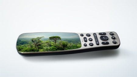 a rainforest remote control concept is depicted in this illustration, inspired by the style of curved mirrors. this national geographic photo captures a zen-like tranquility, showcasing the fusion of electronic products and nature-inspired pieces. the image showcases the fujifilm gw690iii camera, known for its 8k capabilities, while also incorporating elements of the art of the ivory coast. ai generatedの素材