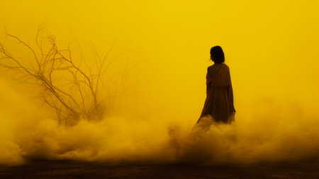 a figure sits at an outdoor stage, enveloped by yellow smoke, creating a scene reminiscent of romantic dramatic landscapes. this ethereal and minimalist composition, captured in stunning 8k resolution, evokes a sense of biblical drama. the mist adds an enchanting touch to the photograph, reminiscent of the captivating works of shirin neshat. this national geographic photo captures a moment of captivating beauty and intrigue. aiの素材