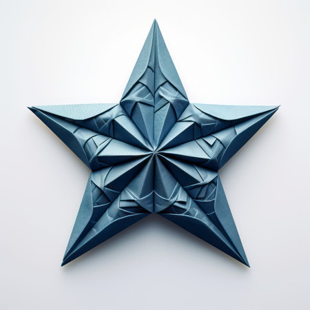 abstract blue paper stars create an eye-catching detail in this unique and one-of-a-kind assemblage art piece. the geometric pattern, resembling 3d origami, is a design element that adds texture and depth. the dark silver and light navy colors enhance the symmetrical balance, giving it a striking appearance. this artwork is reminiscent of large-scale sculpture and the traditional japanese art style, ssaku hanga. ai generatedの素材